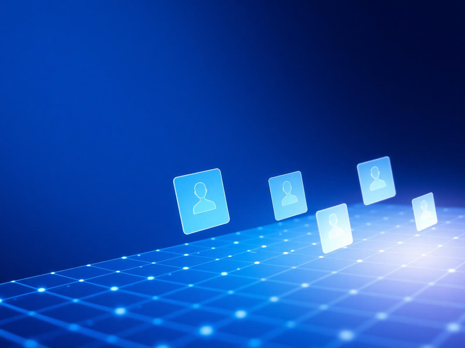 Grid of AI worker profile cards floating over an electric-blue horizon